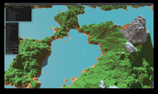 Blocky procedurally generated landscape of green hills, water and snowy mountains, with debug panels overlaid.