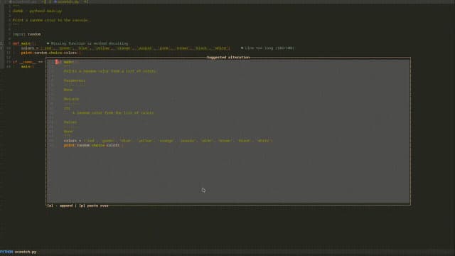 Neovim editing a Python script, with the plugin suggesting a docstring for the current function in a popup window.